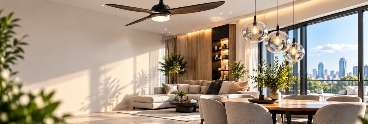Bright premium Light Avenue living room with ceiling fan and home upgrade campaign