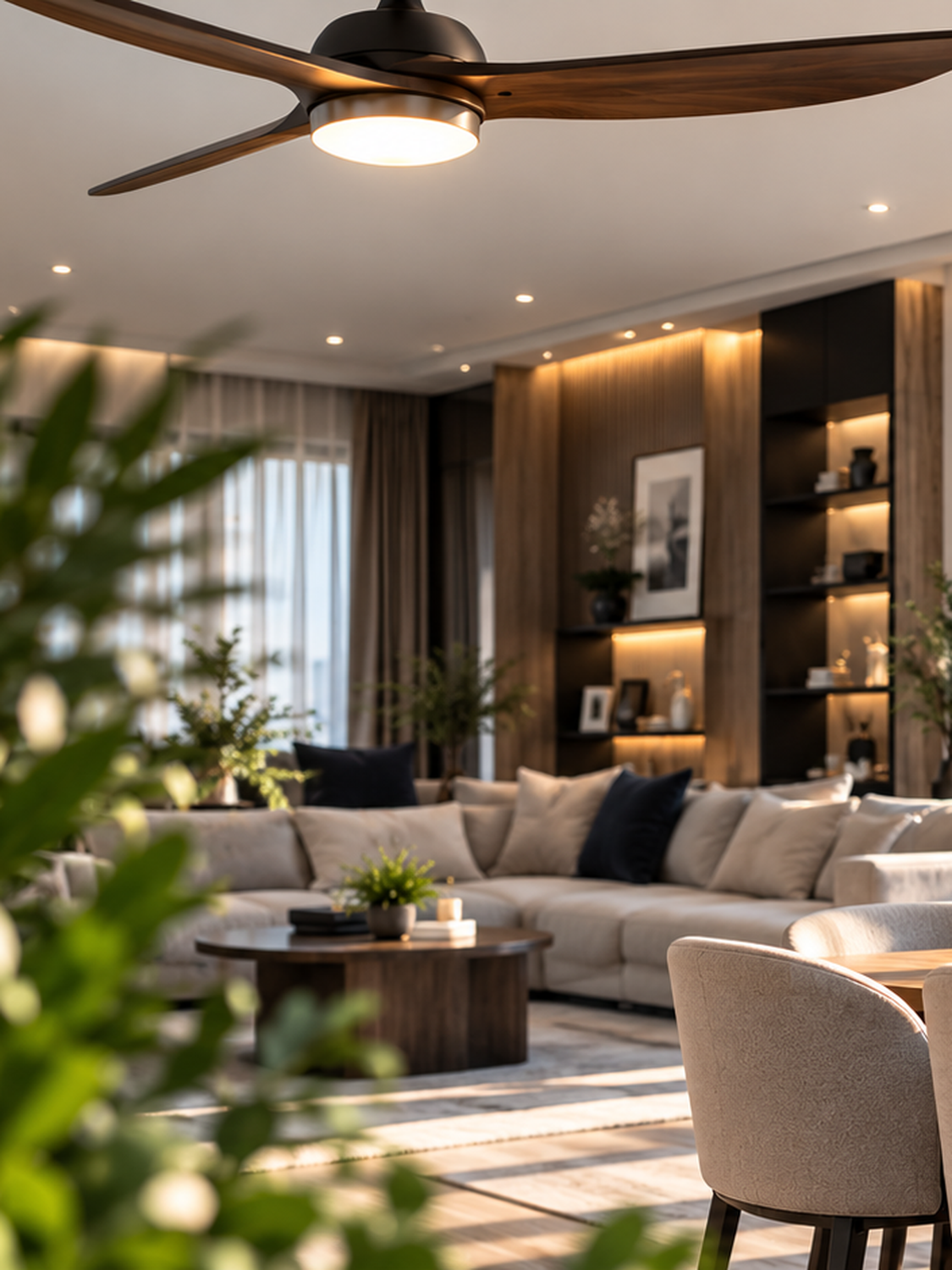 Bright premium Light Avenue living room with ceiling fan and home upgrade campaign