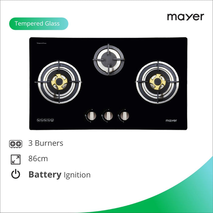 Mayer 86cm 3 Burner Glass Gas Hob MMGH883HI