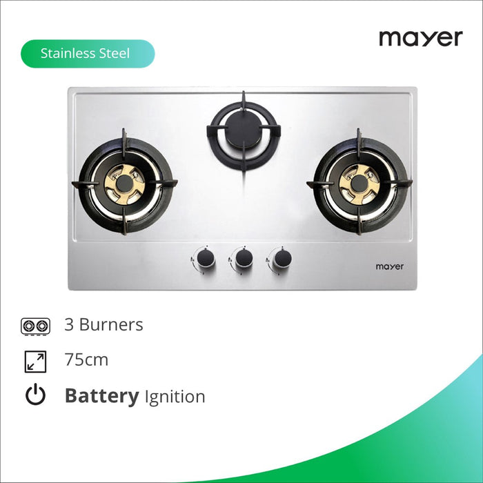 Mayer 75cm 3 Burner Stainless Steel Gas Hob MMSS773HI