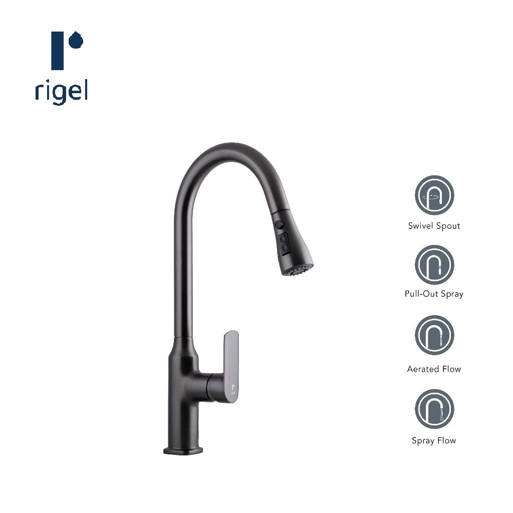Rigel W2-R-MXK722101P-Gun Metal Sink Mixer with Pull Out Spout