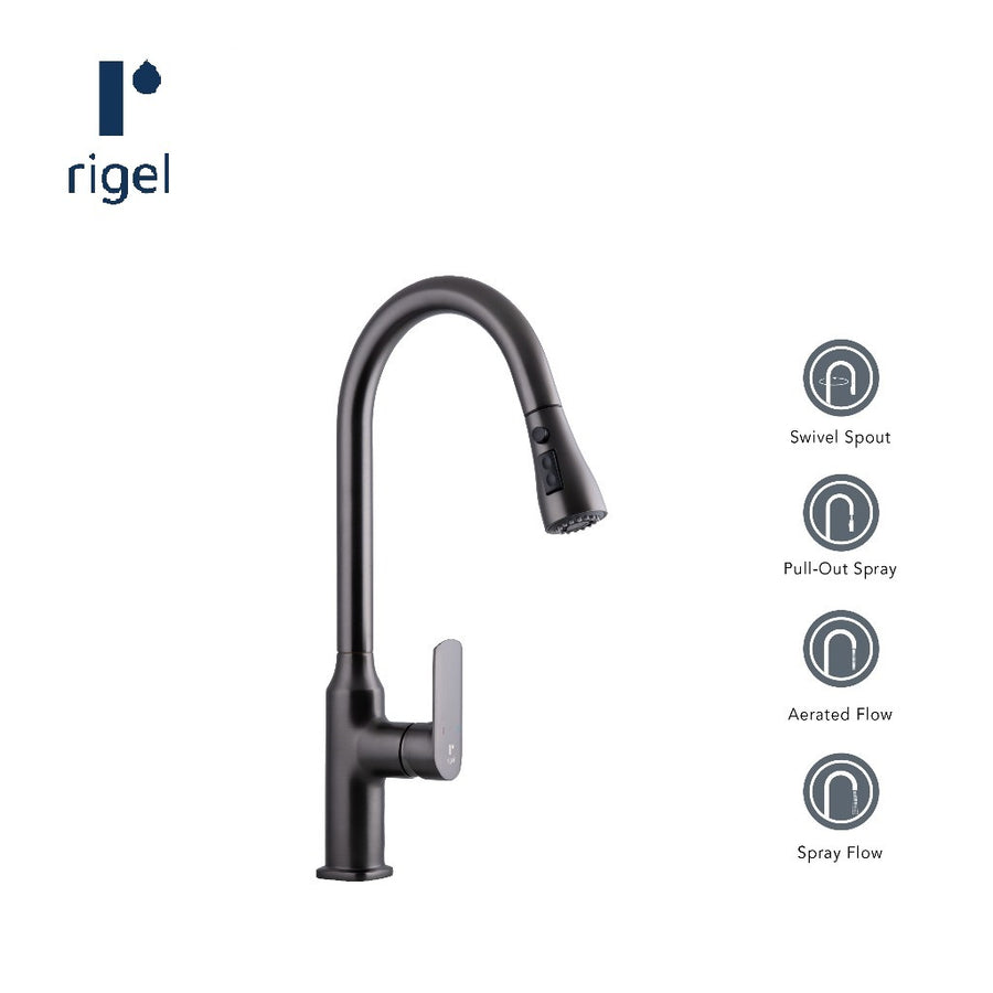 Rigel W2-R-MXK722101P-Gun Metal Sink Mixer with Pull Out Spout