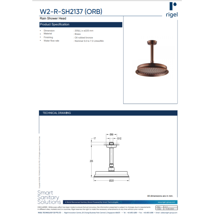 Rigel W2-R-SH2137-ORB Rain Shower Head
