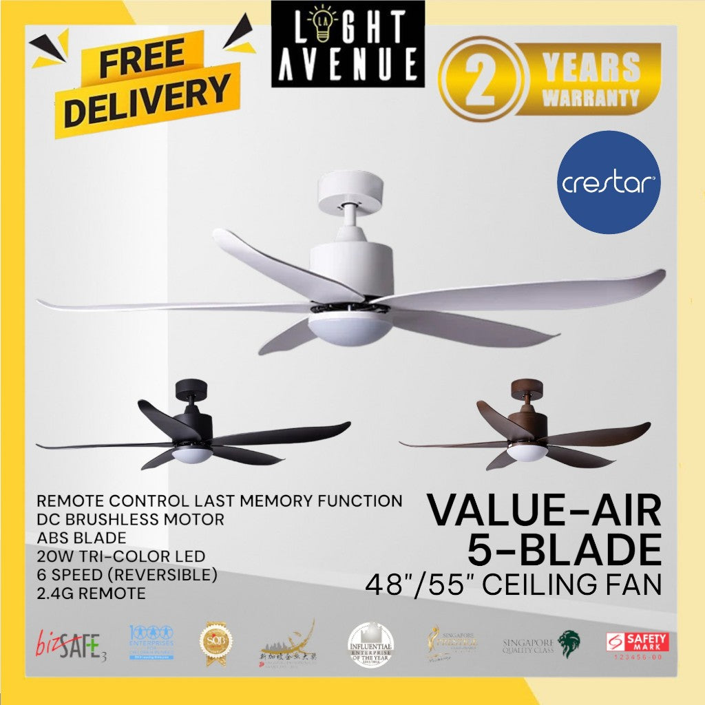Crestar Value Air 5 Blades DC Ceiling Fan 48"/55" with LED Light & Remote Control