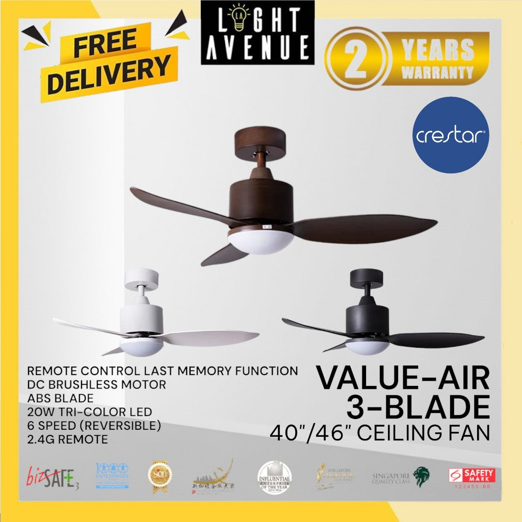 Crestar Value Air 3 Blades DC Ceiling Fan 40"/46" with LED Light & Remote Control