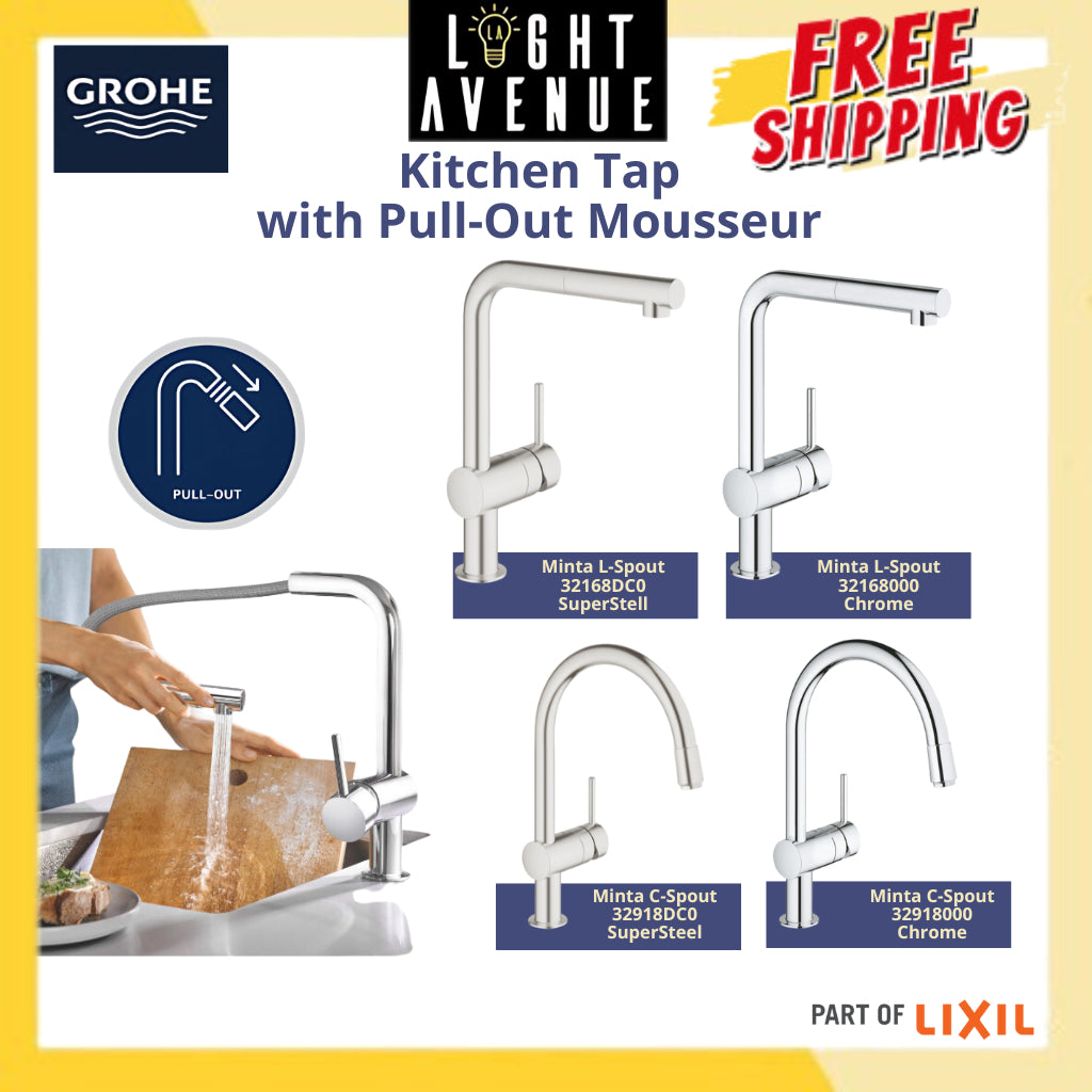 Grohe 32 918 000 Minta C-Spout Chrome Single lever Kitchen Mixer with Swivel Spout and Pull-out spray